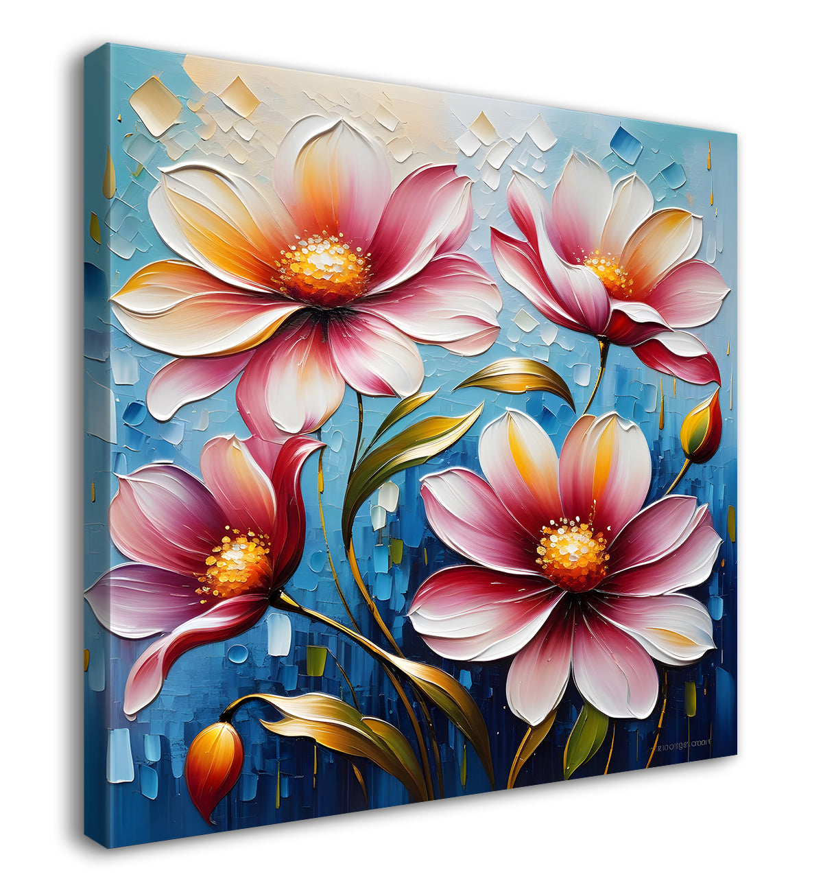 Pink flowers in blue background textured painting - Flower-S-65