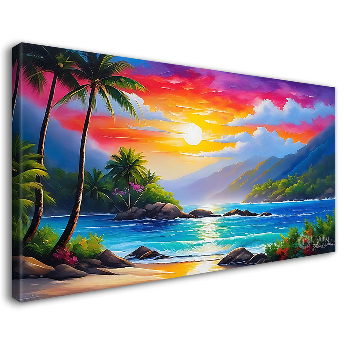 Mountains with trees and colorful sky in textured modern art Canvas Painting - Nature Art -65