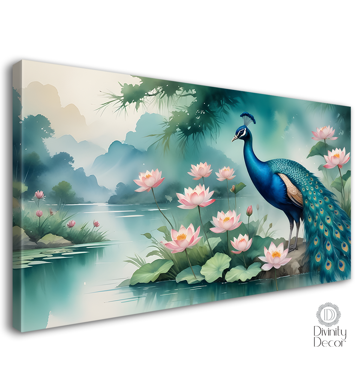Peacock with pond and lotus in fog background textured art.  - Design - Animal -65