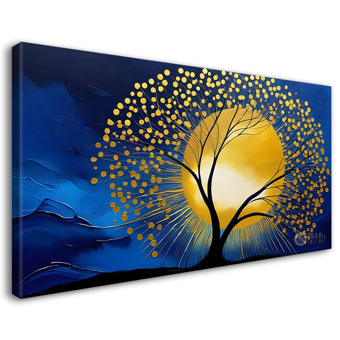 Golden tree in dark blue textured background modern art Canvas Painting - Design - Tree-65