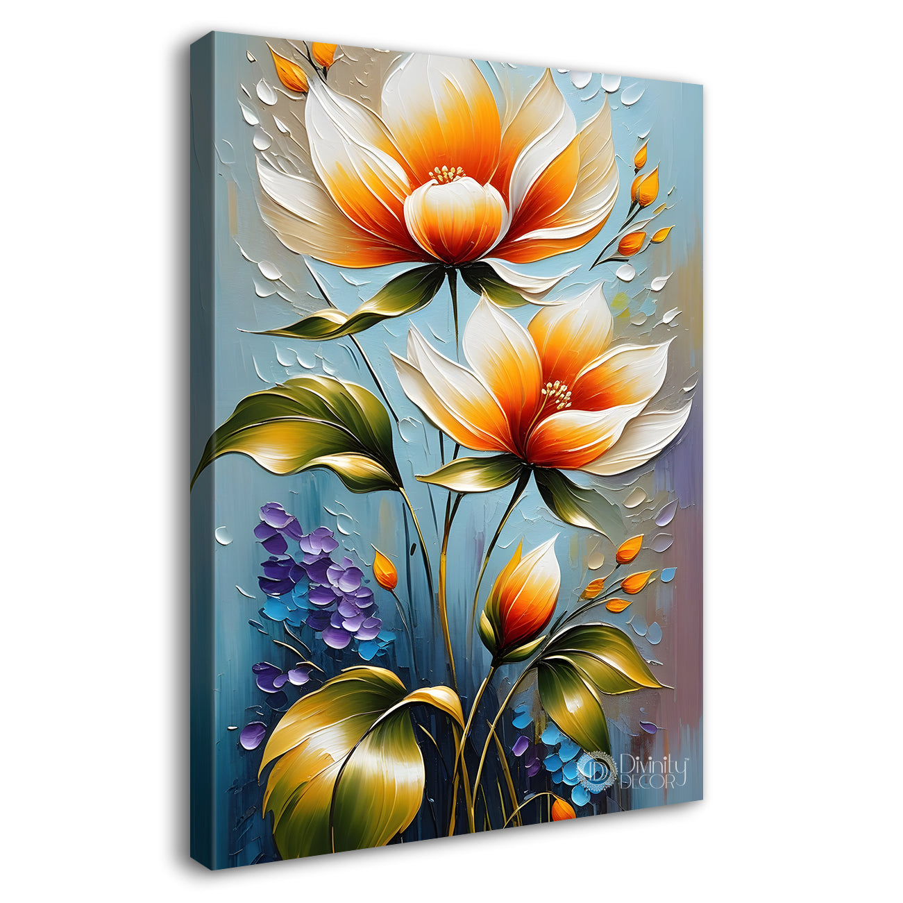 Orange flowers in blue textured background painting - Flower-V-65