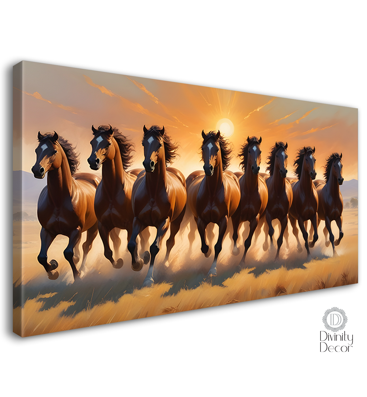 Brown running horses on the field with sunrise textured background art Canvas Painting - Design - Horse-66