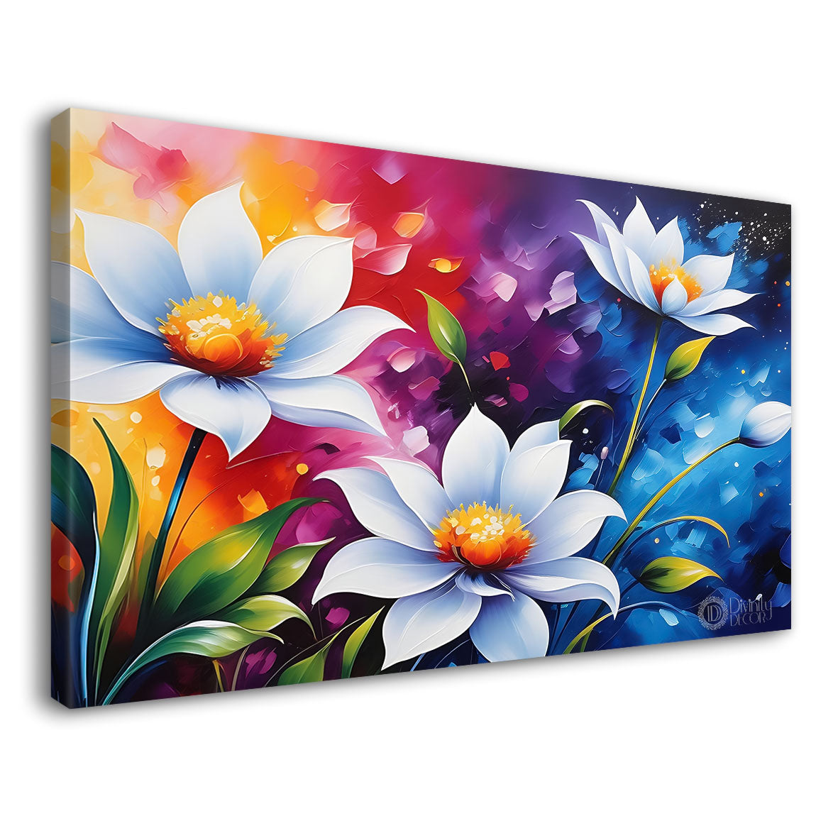 White flowers in colorful background canvas painting- Flower-660