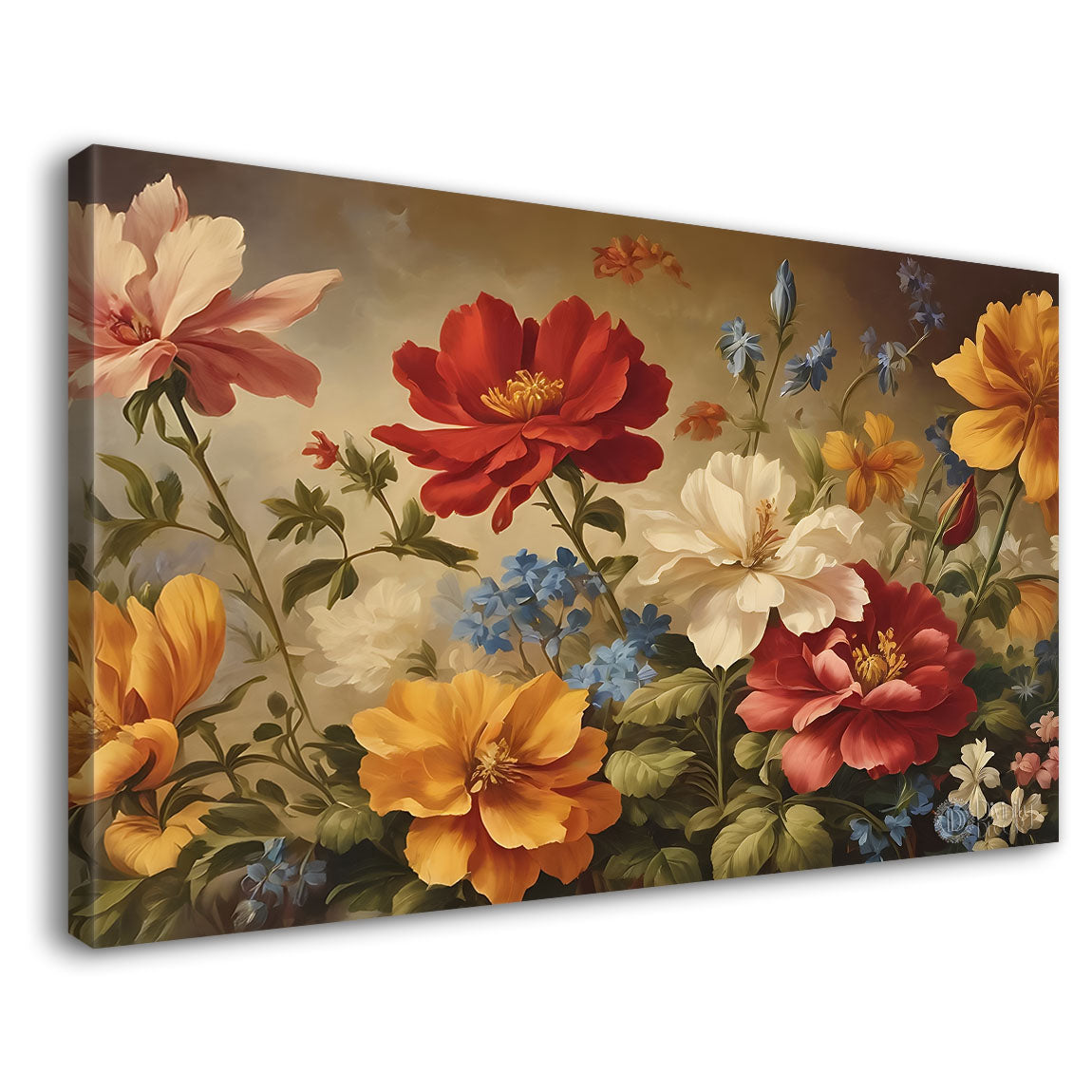 Red and orange flowers in light brown background canvas painting- Flower-662