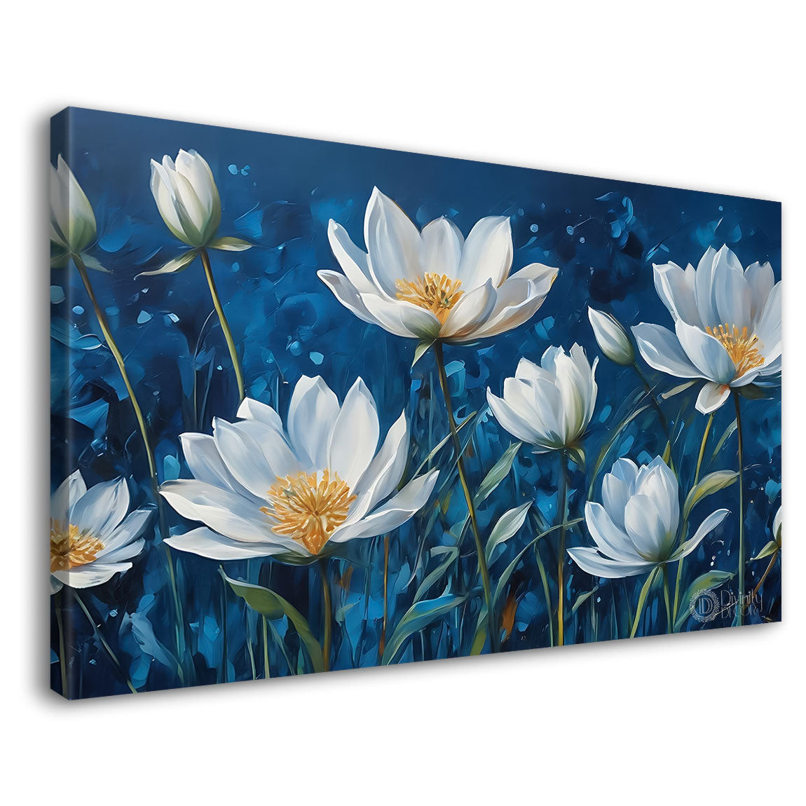 White flowers in navy blue background canvas painting- Flower-663
