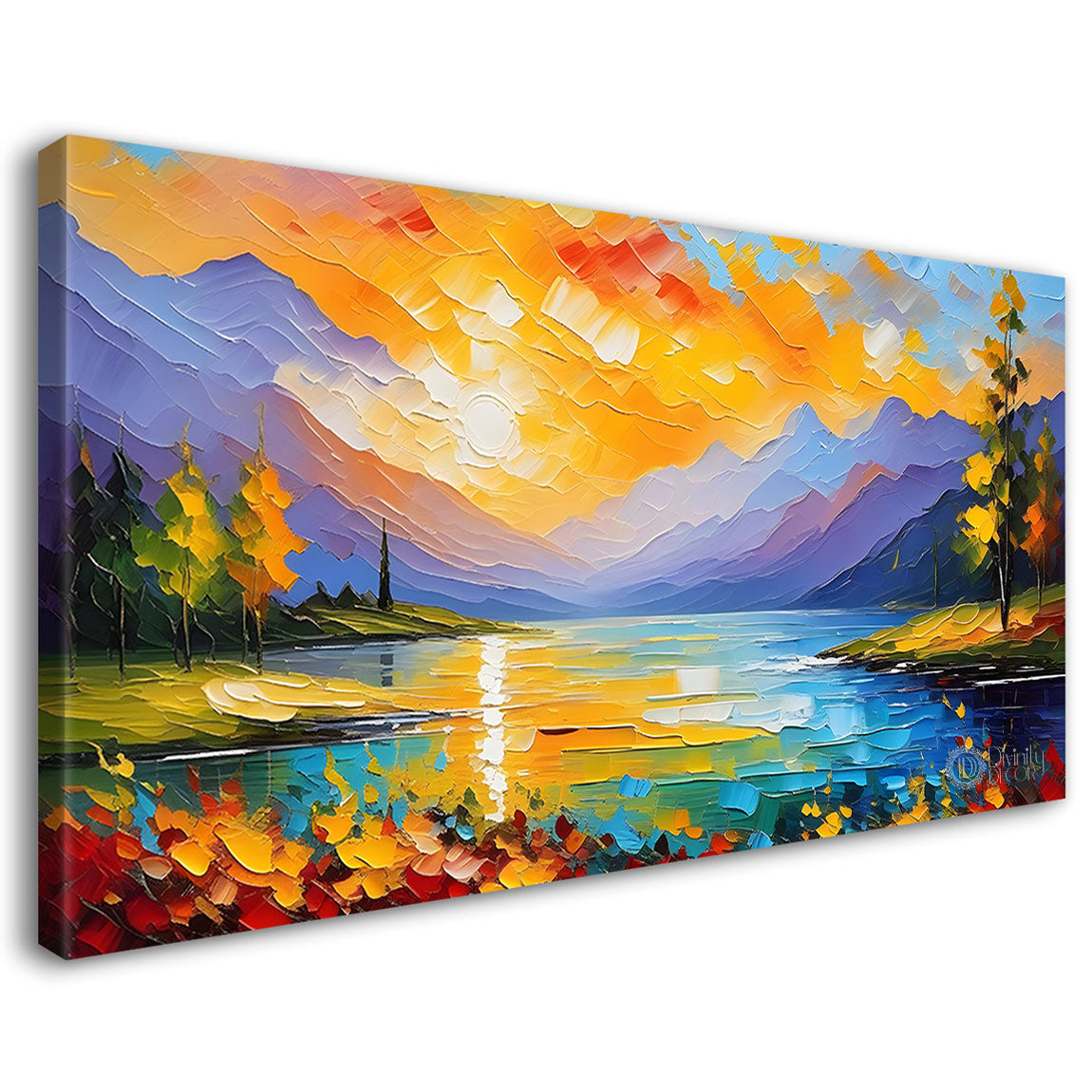 Mountains with colorful flowers and lake painting Canvas Painting - Nature Art -663