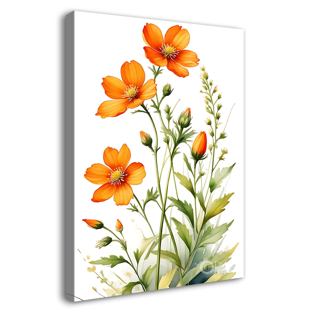 Orange flowers in blue textured painting - Flower-V-663