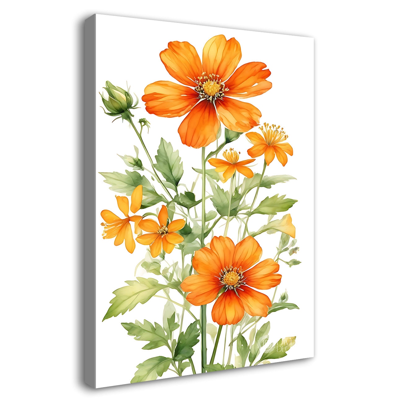 Orange flowers in blue textured painting - Flower-V-664