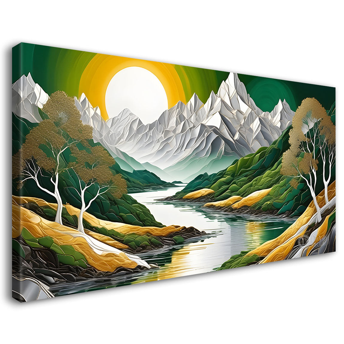 Mountains with sun and trees in green textured painting Canvas Painting - Nature Art -665