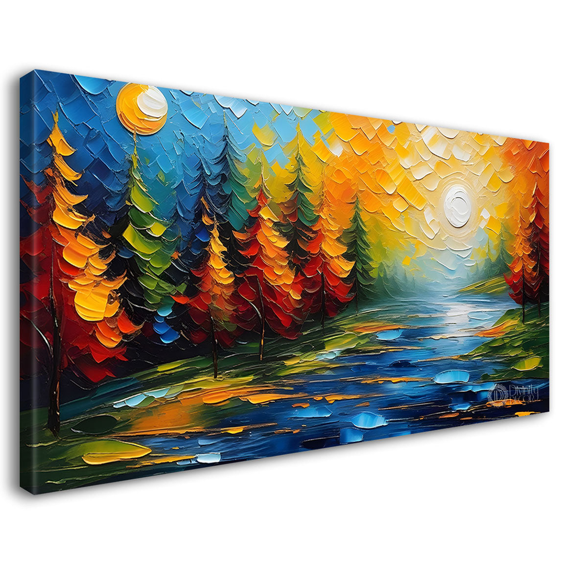 Orange trees with lake textured painting Canvas Painting - Nature Art -666