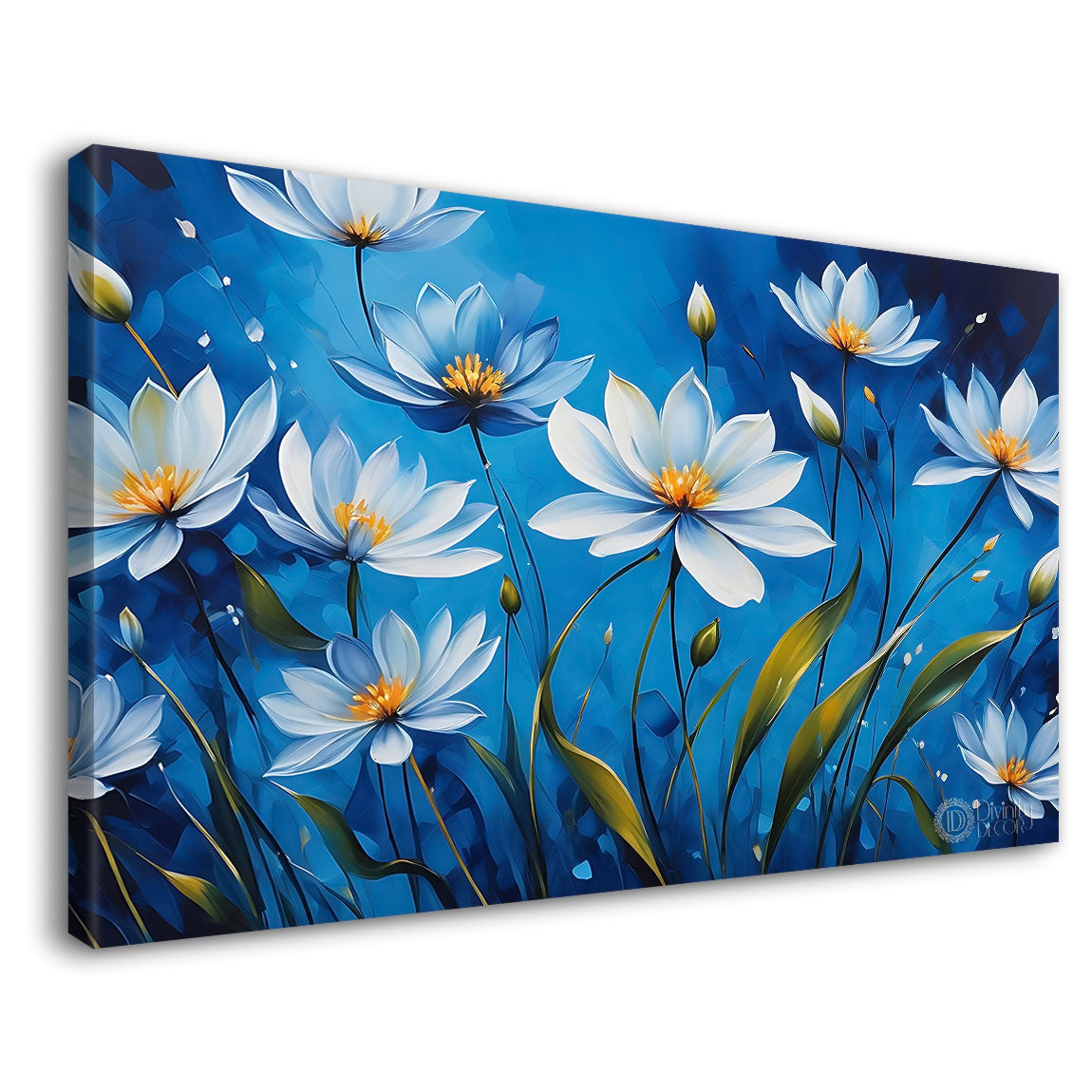 White flowers in blue background canvas painting- Flower-667