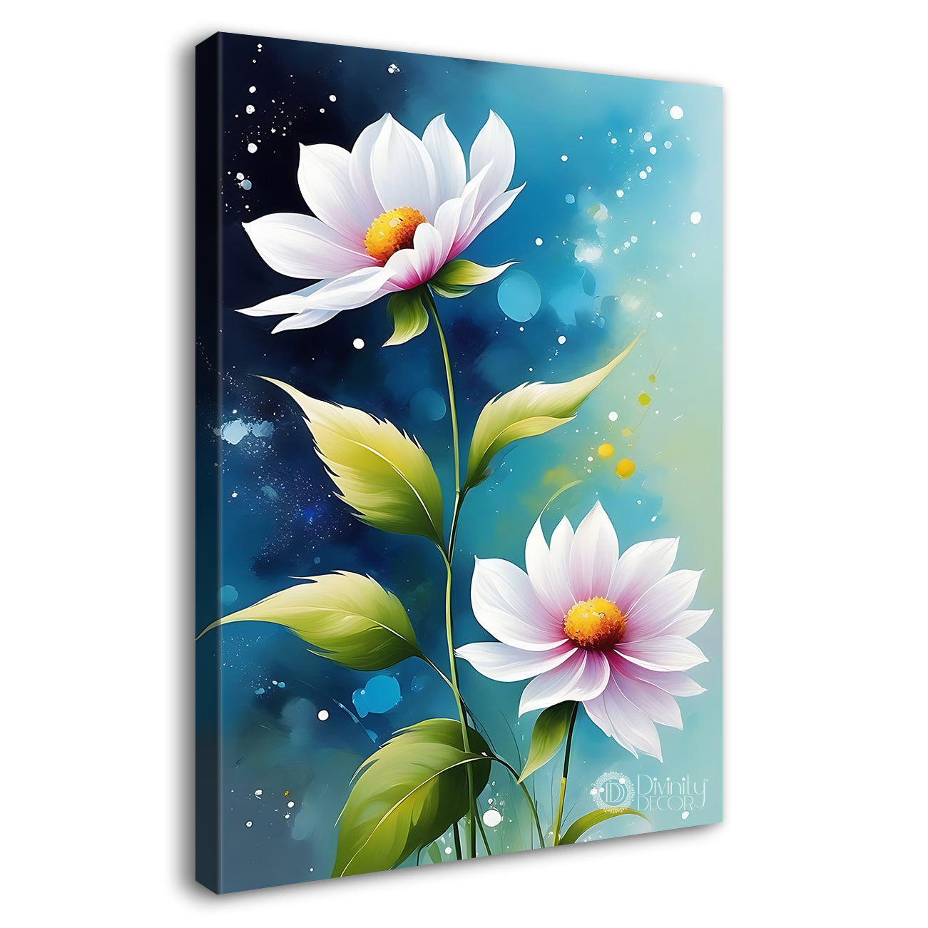White flowers in blue textured painting - Flower-V-667