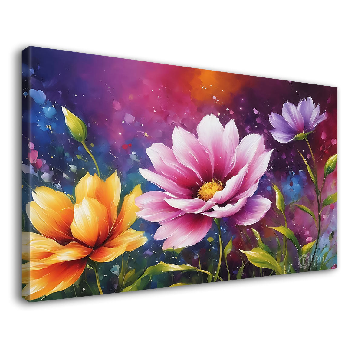 Pink and yellow flowers in pink background canvas painting- Flower-669