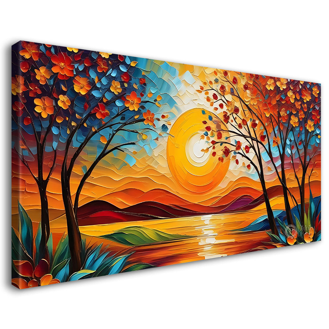 Orange trees with sunrise and lake painting Canvas Painting - Nature Art -669