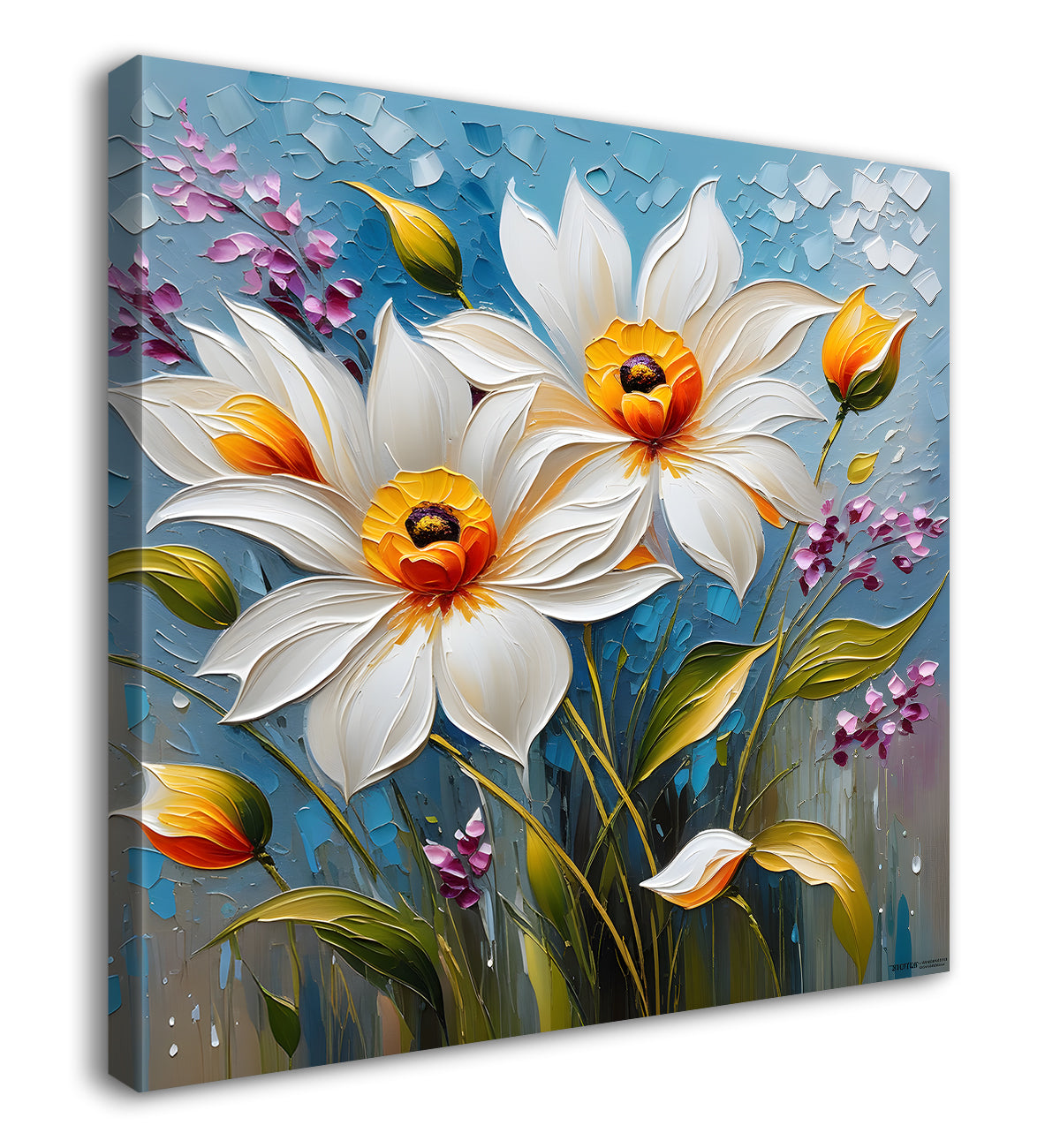 White flowers in blue background textured painting - Flower-S-66