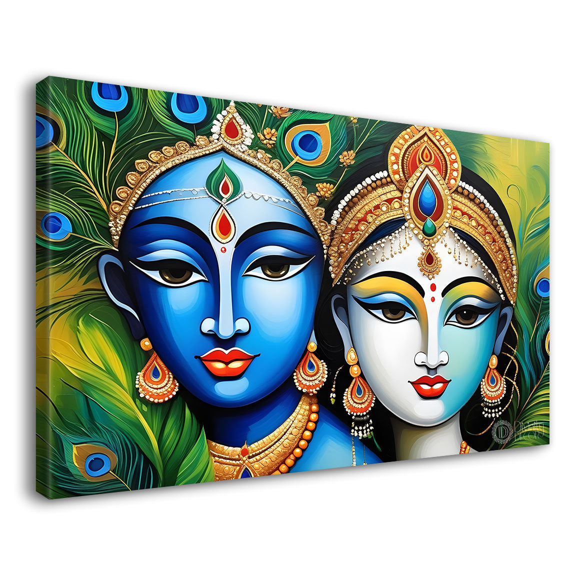 Blue face Krishna and Radha with peacock feathers painting Canvas Painting - Design - Krishna-66