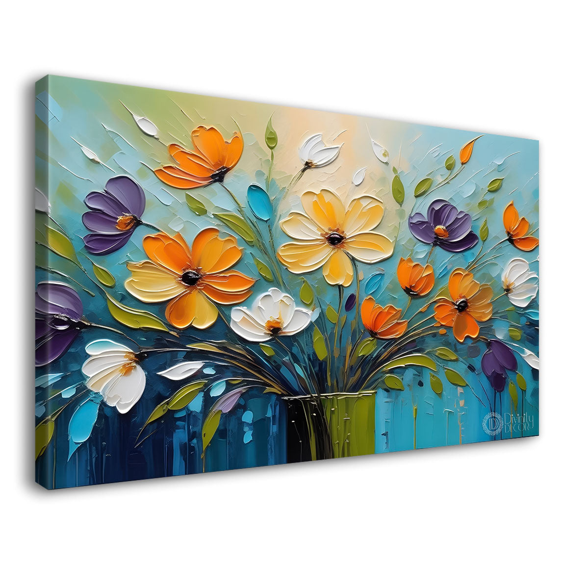Colorful flowers with blue textured background painting- Design - Flower-66