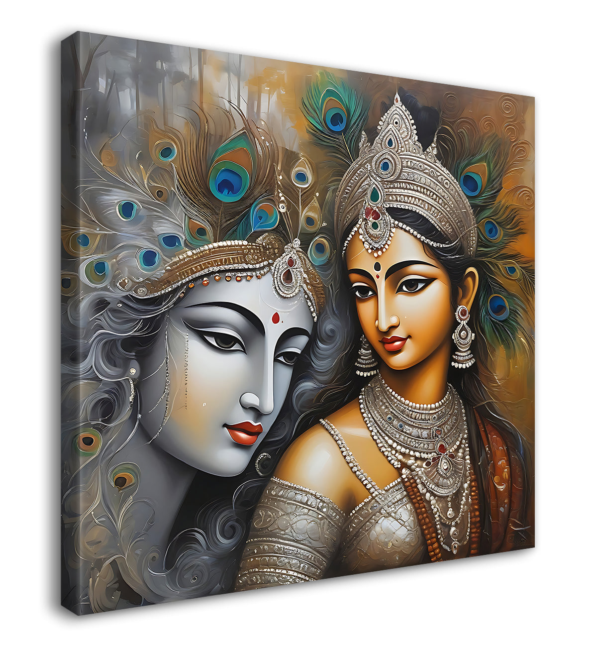 Krishna and Radha with grey and brown textured oil  Canvas Painting 24X24- Design - Krishna-S-66