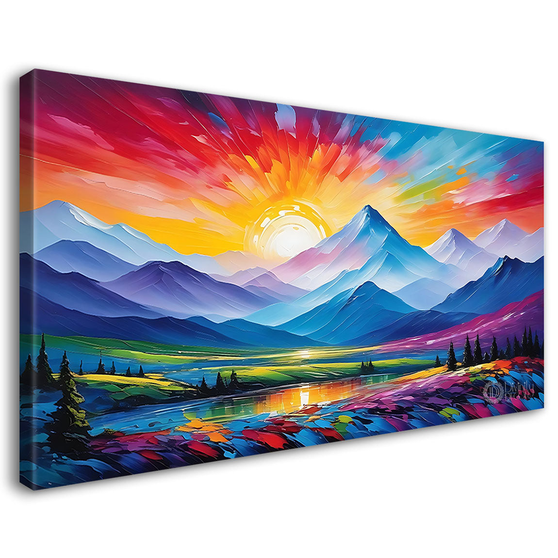 Mountains with colorful sky and flowers in textured natural art Canvas Painting - Nature Art -66