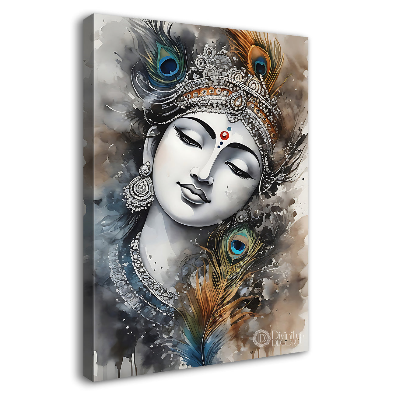 Blue face of krishna in grey and light brown water colour textured art Canvas Painting - Design - Krishna-V-66