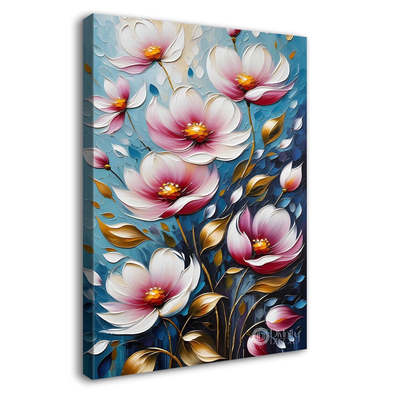 Pink flowers in blue textured background painting - Flower-V-66