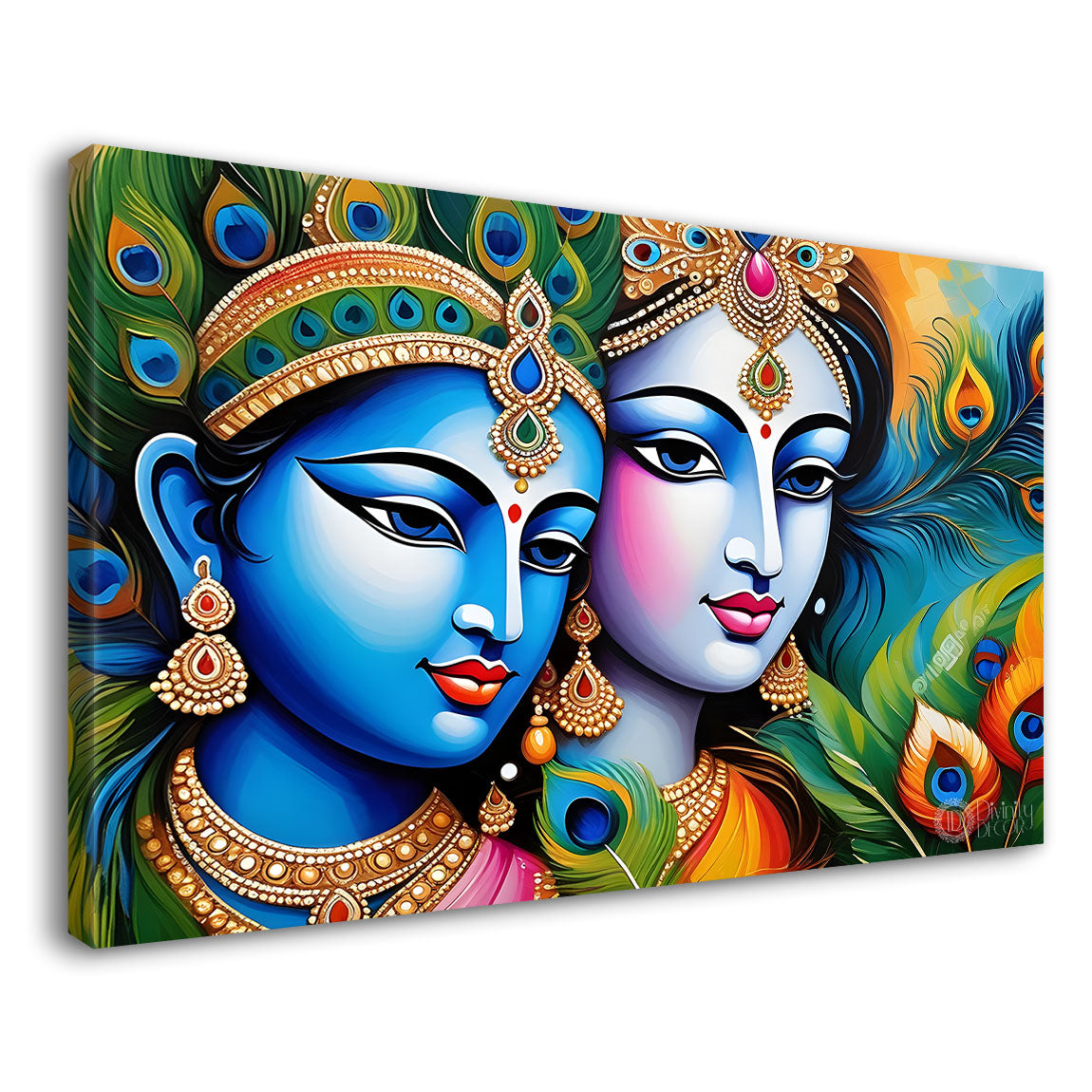 Blue face Krishna and Radha with peacock feathers painting Canvas Painting - Design - Krishna-67