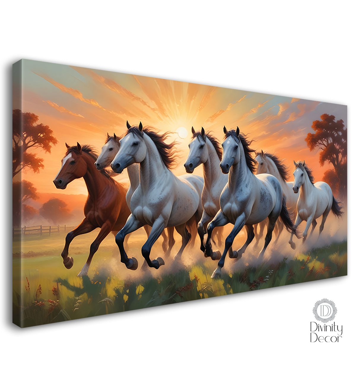 white and brown running horses on the grass with orange trees and sunrise textured background art Canvas Painting - Design - Horse-67