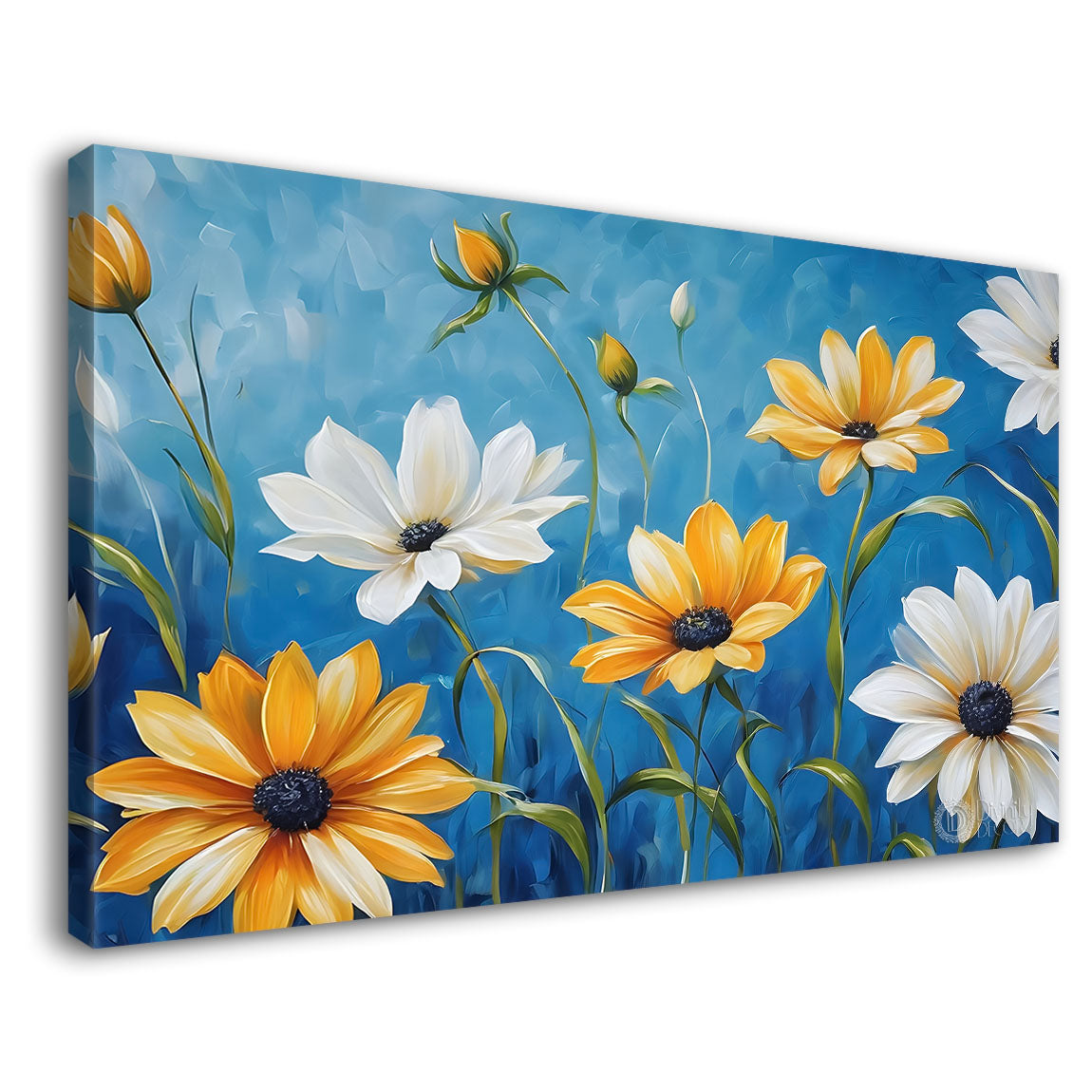 White and yellow flowers in blue background canvas painting- Flower-670