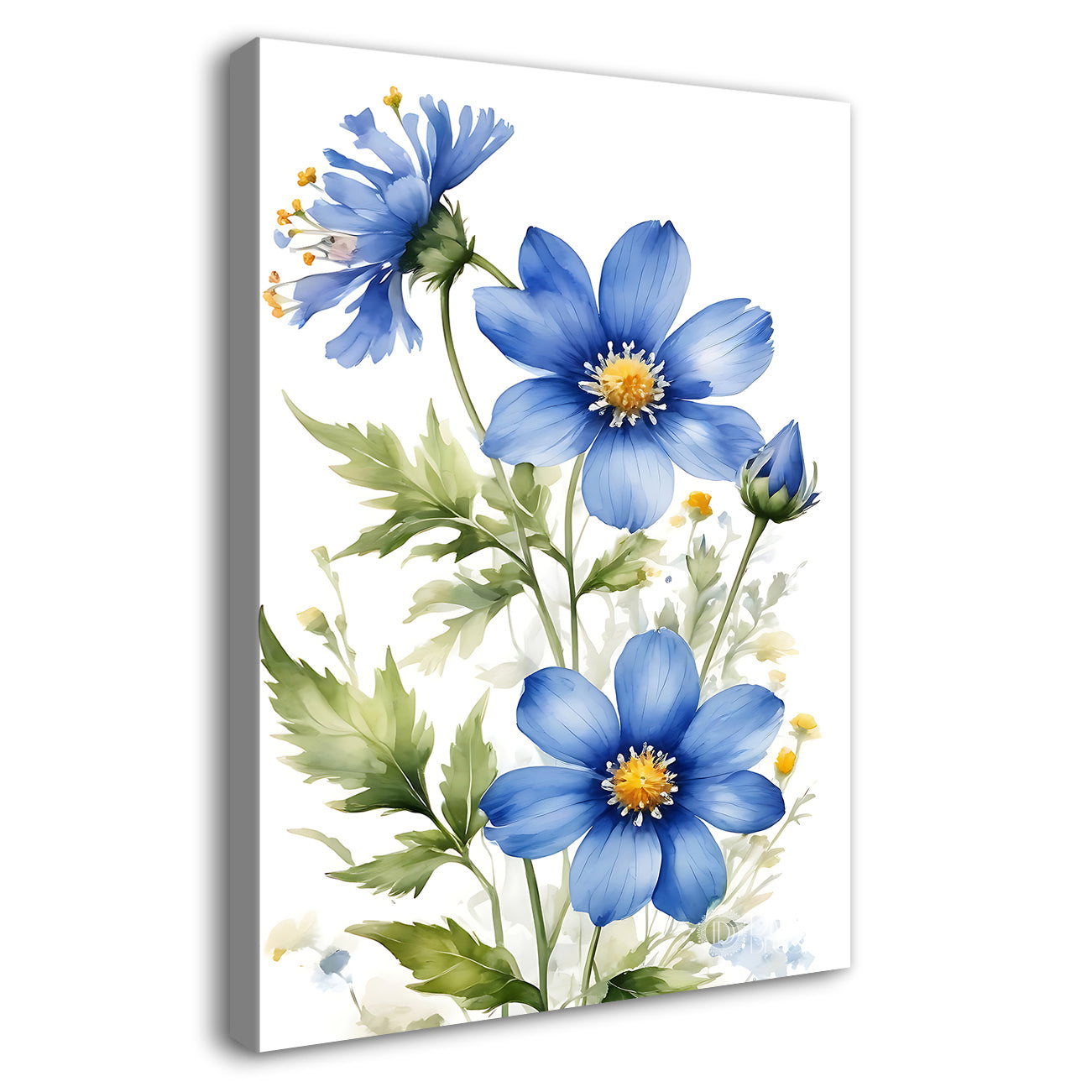 Blue flowers in white textured background painting - Flower-V-670