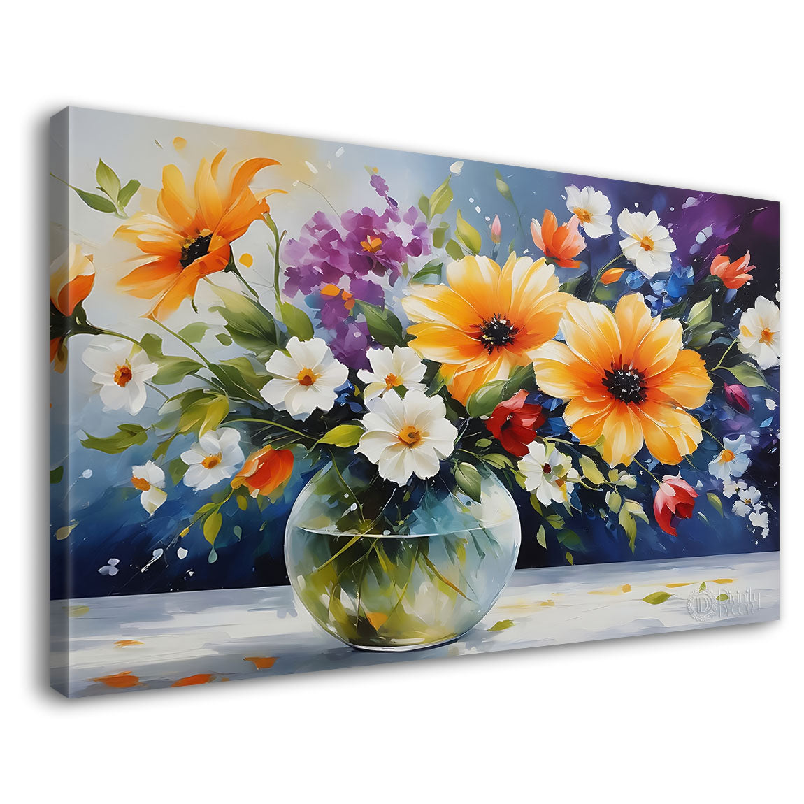 Yellow and white flowers in a vas in grey background canvas painting- Flower-672