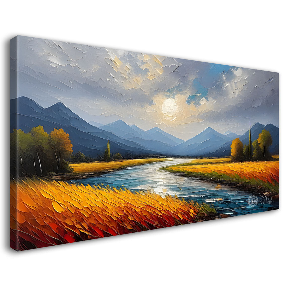 Colorful flowers with lake textured painting Canvas Painting - Nature Art -672