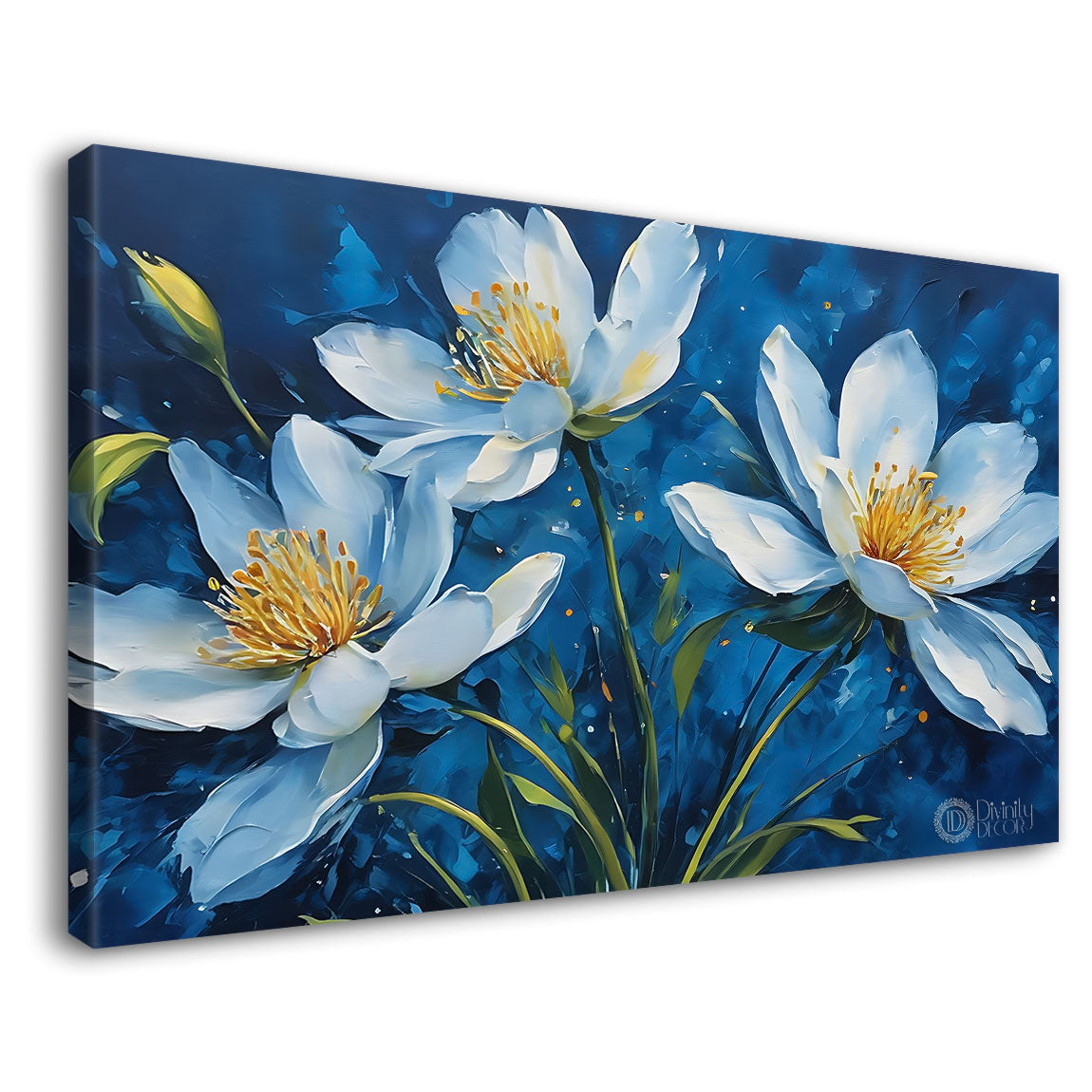 White flowers in navy blue background canvas painting- Flower-674
