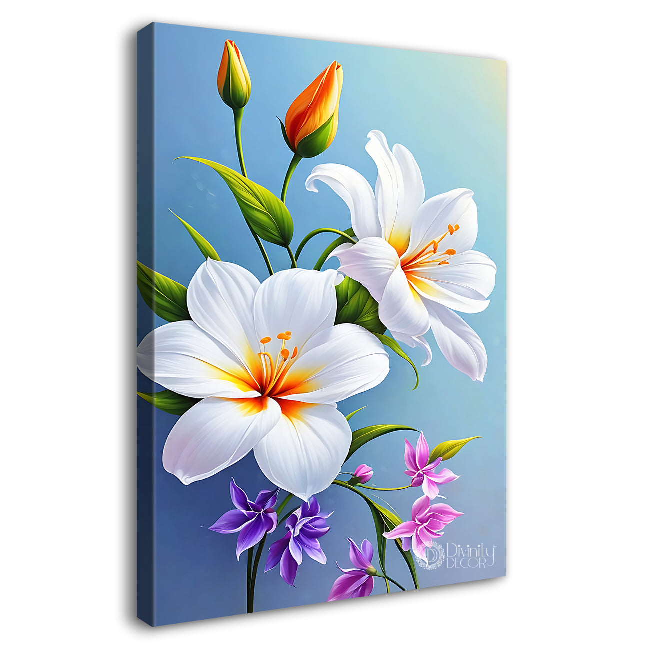 White flowers in blue textured painting - Flower-V-675