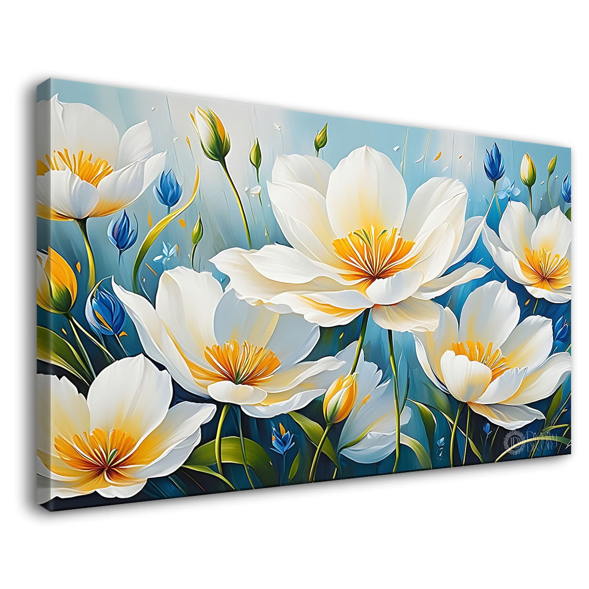 White flowers in sky blue background canvas painting- Flower-676