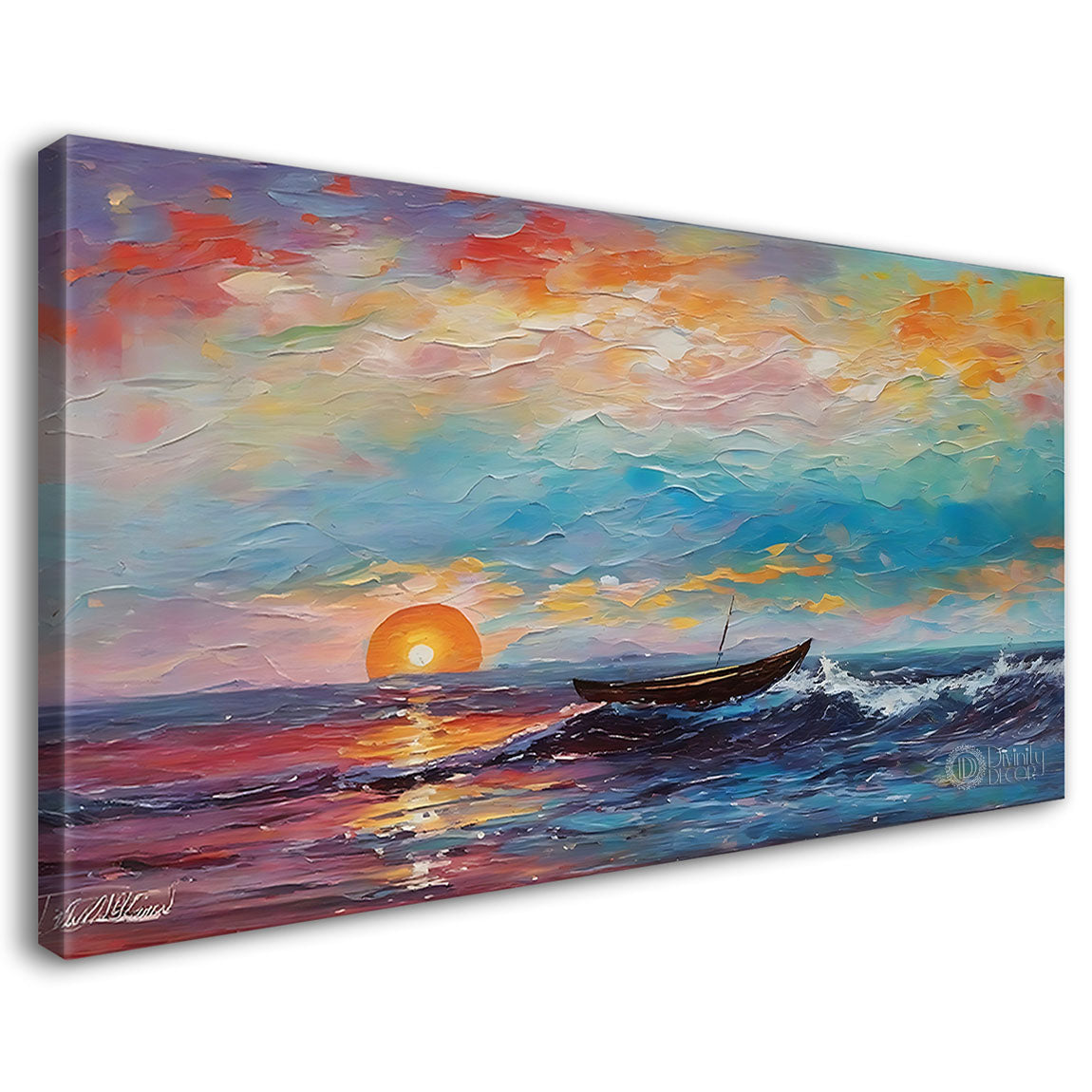 Boat on a river with sunset in textured natural art Canvas Painting - Nature Art -67