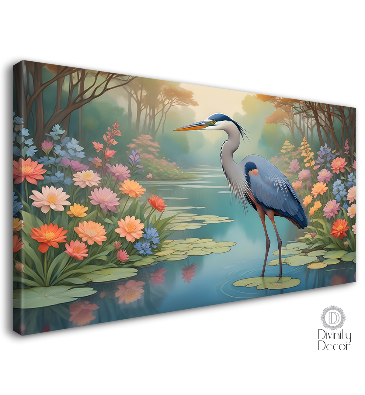 Blue heron with pond and colorful flowers in bright textured background art. - Design - Animal -67