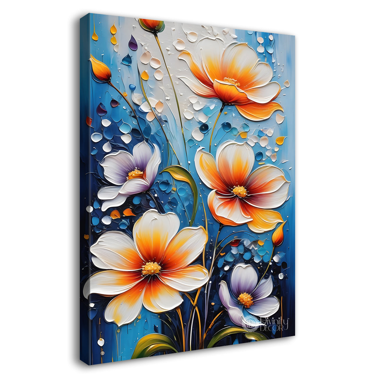 Orange flowers in blue textured background painting - Flower-V-67