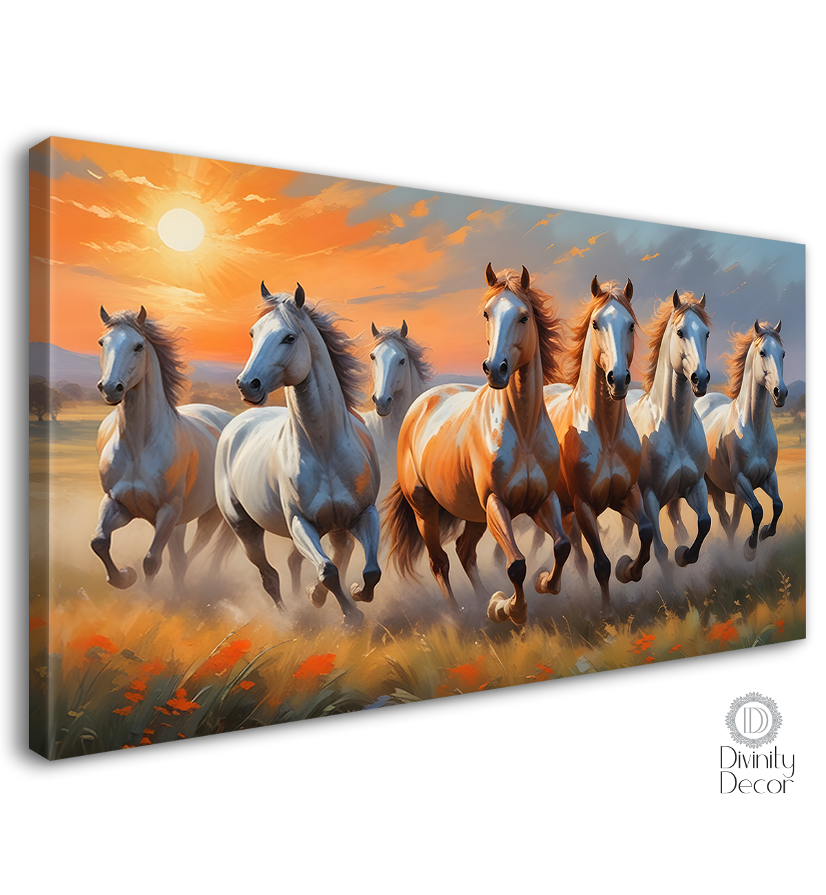 White and brown running horses on the grass with sunrise textured background art Canvas Painting - Design - Horse-68