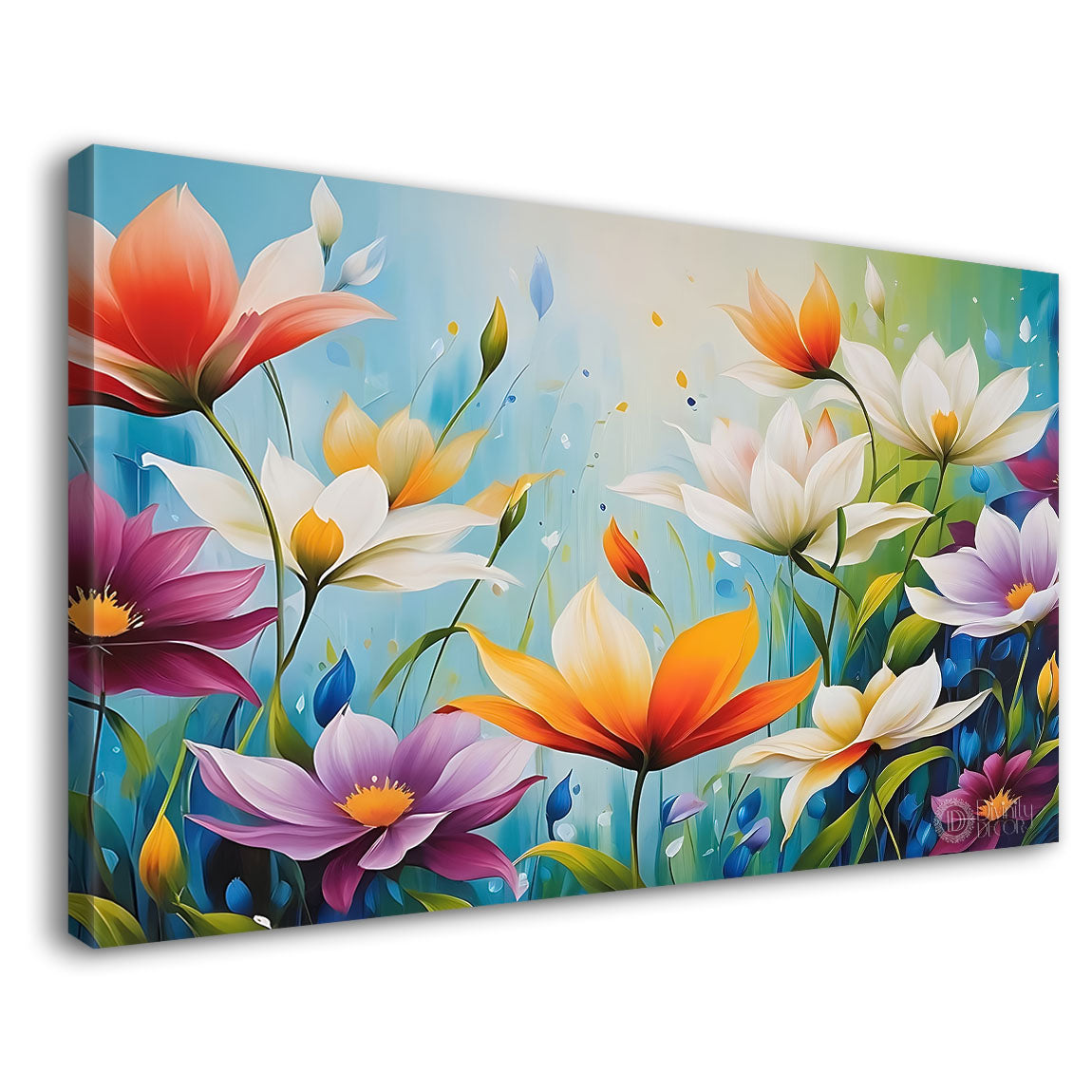 Colorful flowers in sky blue background canvas painting- Flower-680