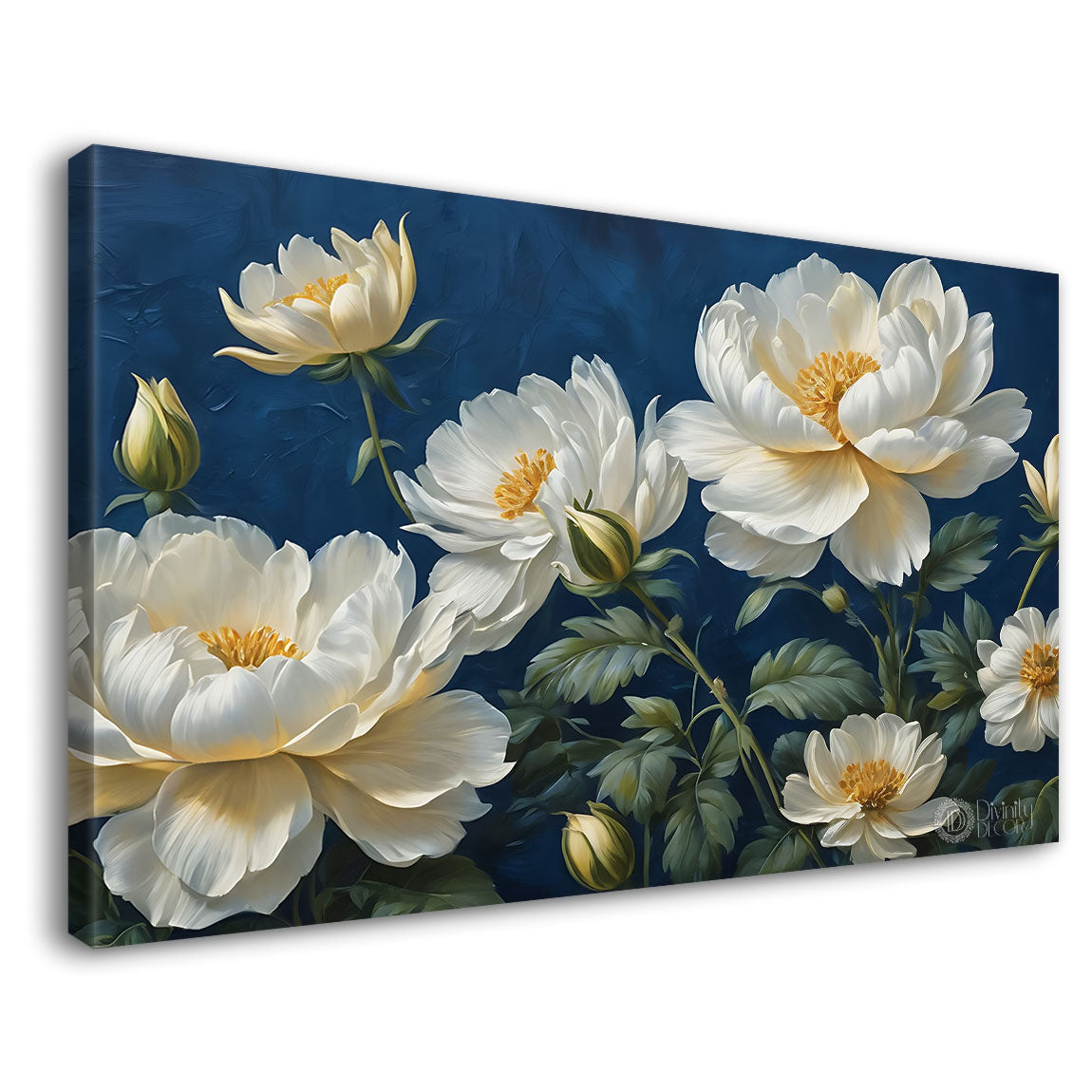 White flowers in navy blue background canvas painting- Flower-682
