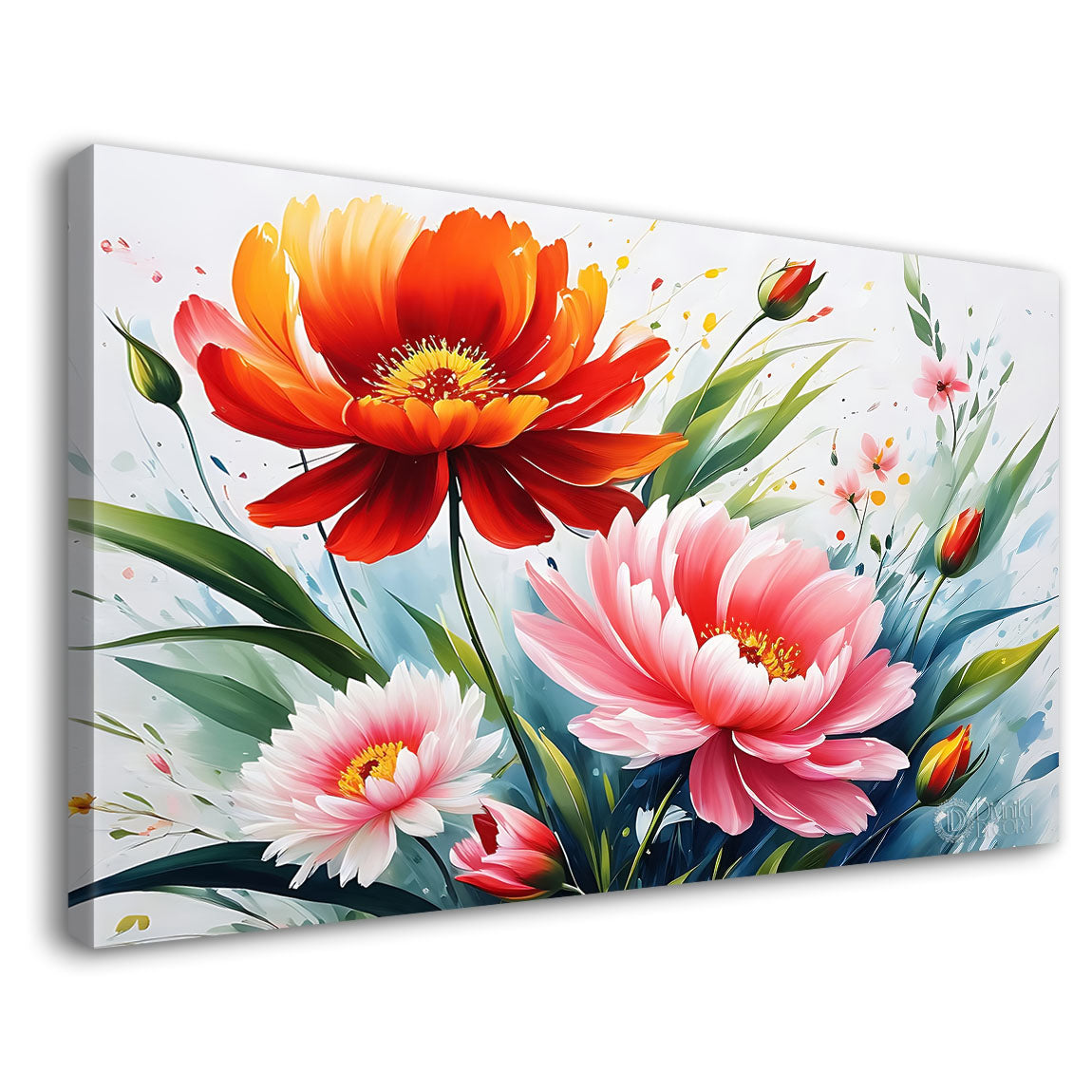 Pink flowers in white background canvas painting- Flower-684