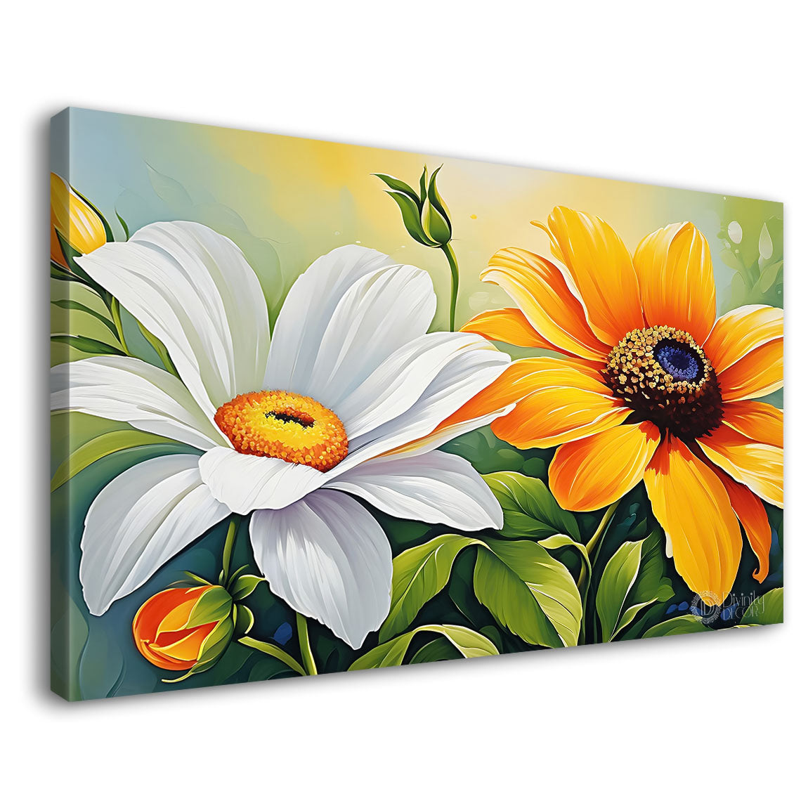 Yellow and white green background canvas painting- Flower-688