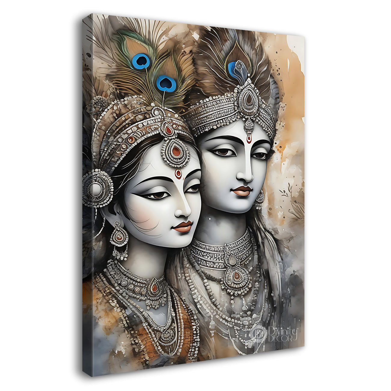 Krishna with radha in grey and light brown water colour textured art Canvas Painting - Design - Krishna-V-68