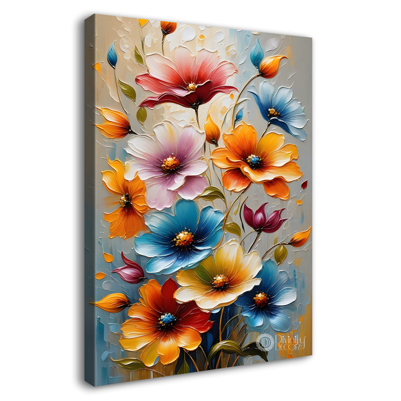 Colourful flowers in grey textured background painting - Flower-V-68