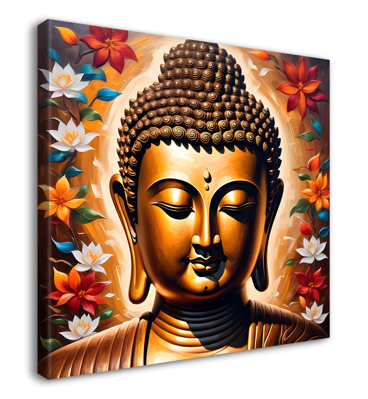 Golden buddha with multicolor flowers painting 24x24 inch Buddha-S-68
