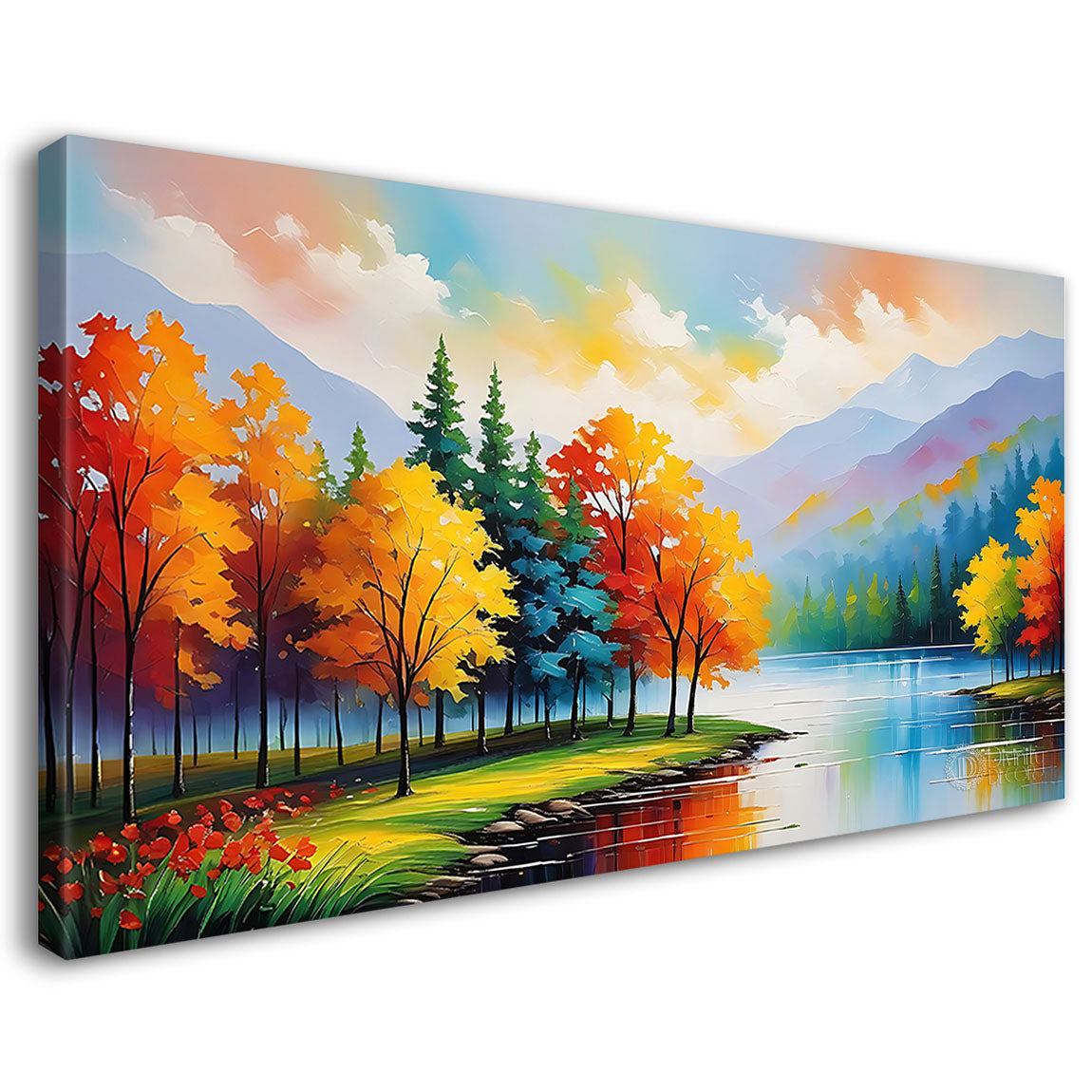Colorful trees and lake with mountains in textured natural art Canvas Painting - Nature Art -68