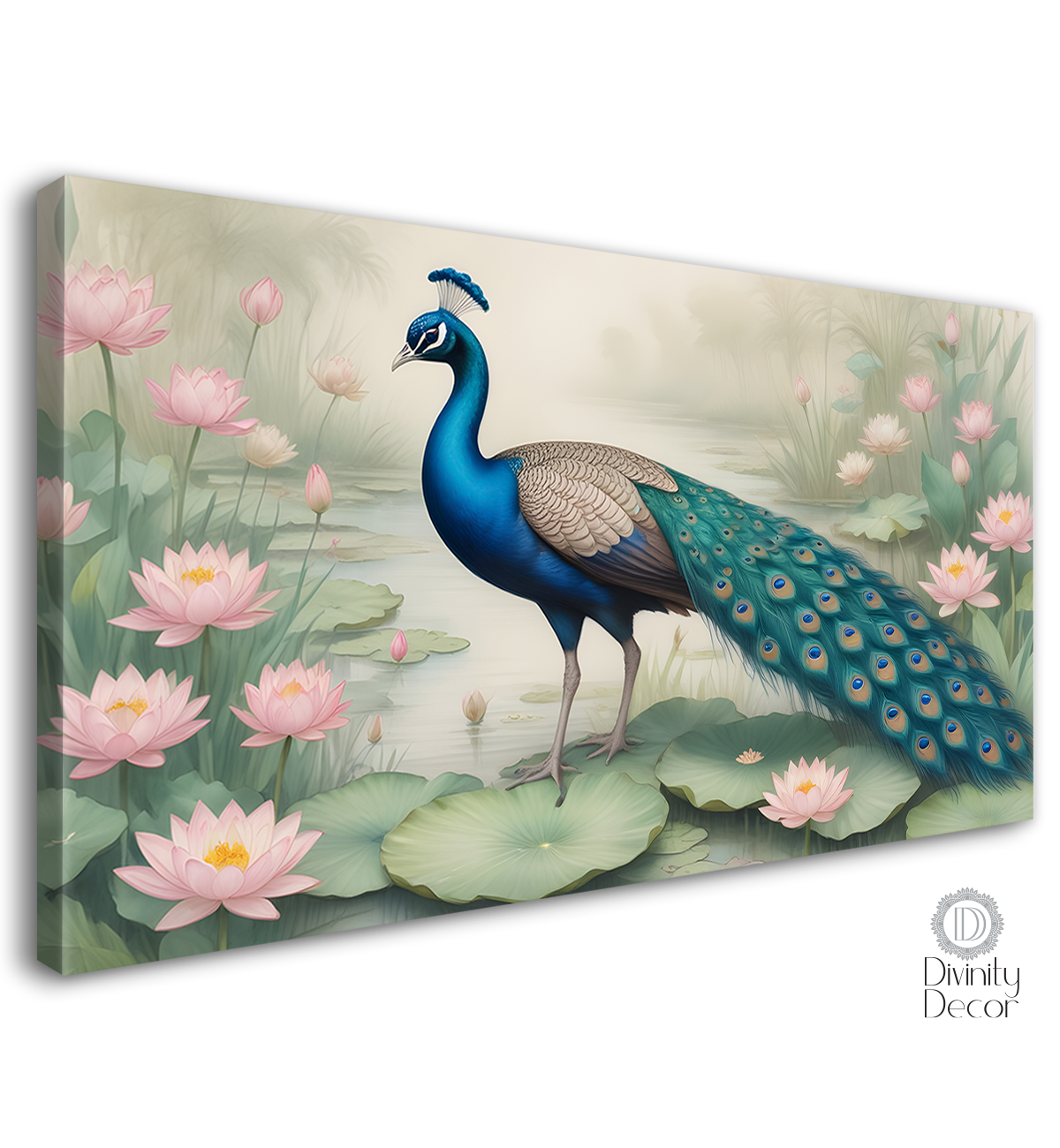 Peacock with lotus in fog background textured art. - Design - Animal -68