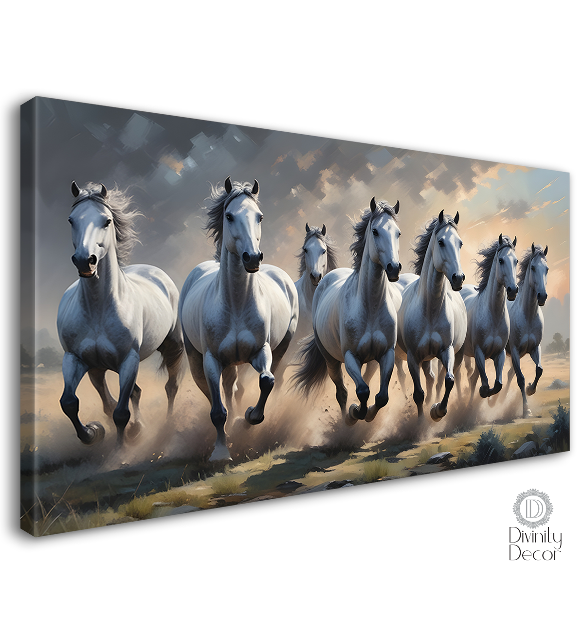 White running horses with cloudy and grey textured background art Canvas Painting - Design - Horse-69