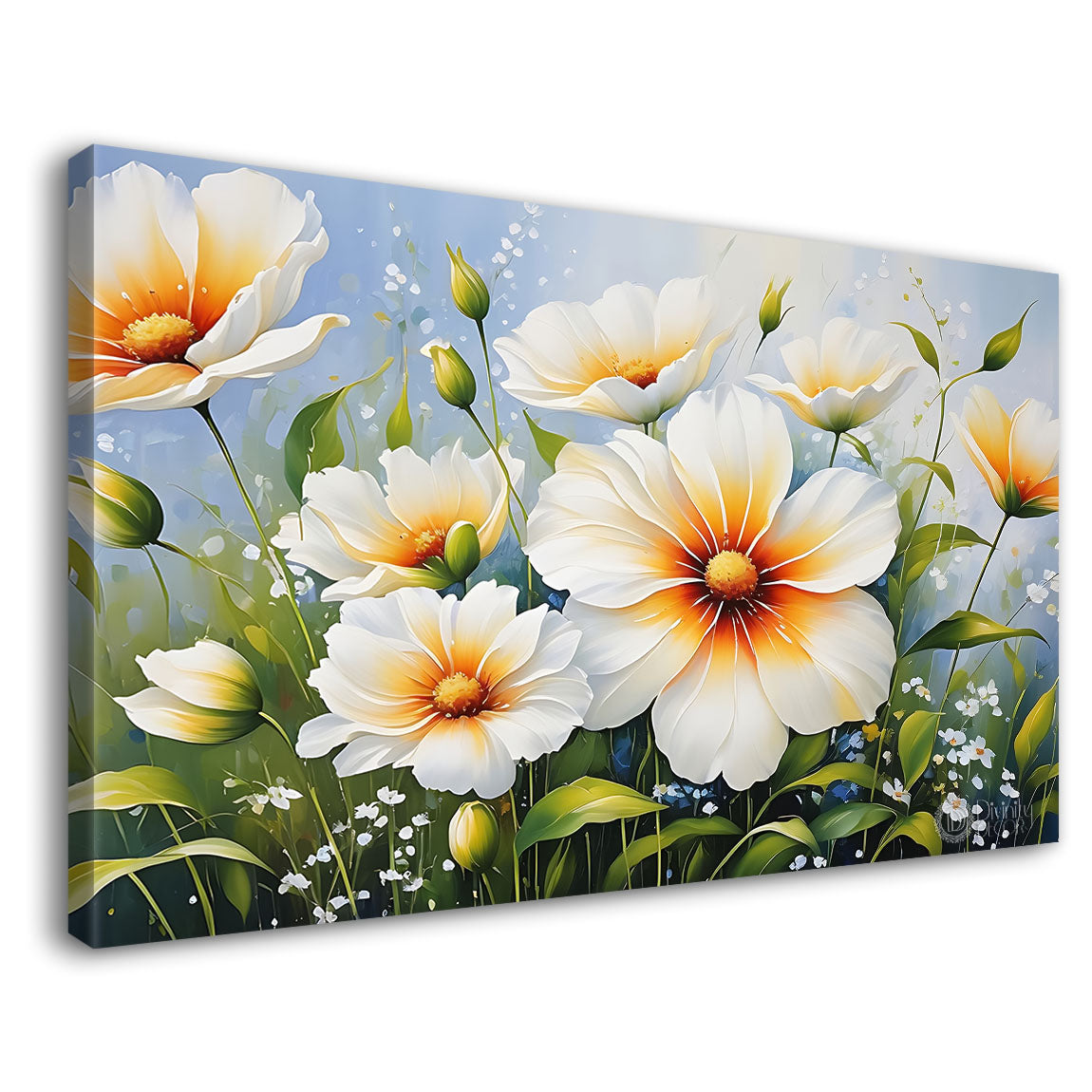 White flowers in sky blue background canvas painting- Flower-692