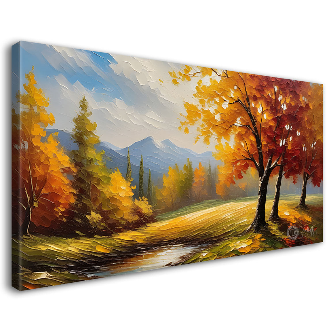 Orange trees with lake textured painting Canvas Painting - Nature Art -694